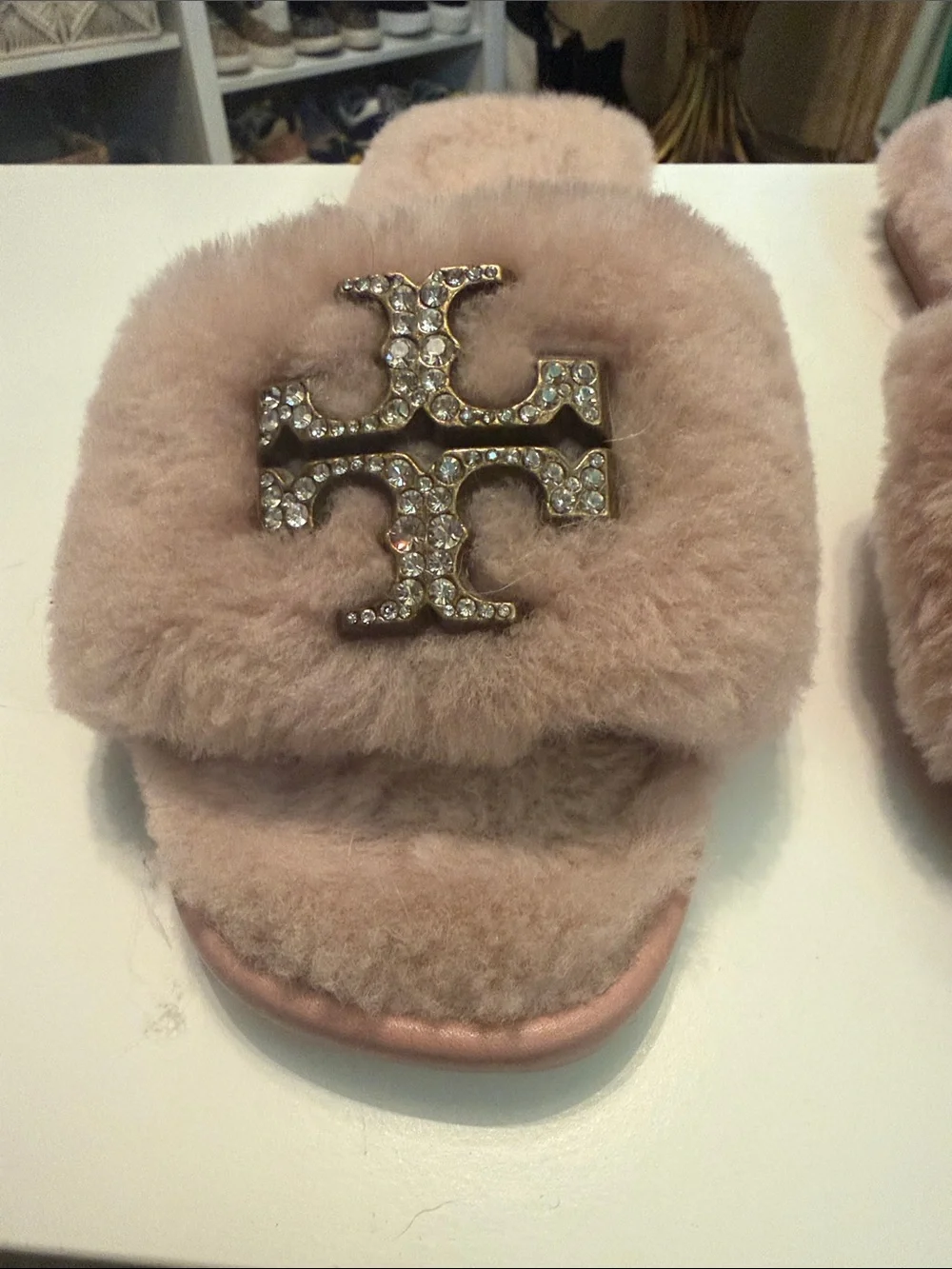 Tory Burch Embellished Pink Faux-Fur Slide Sandals
